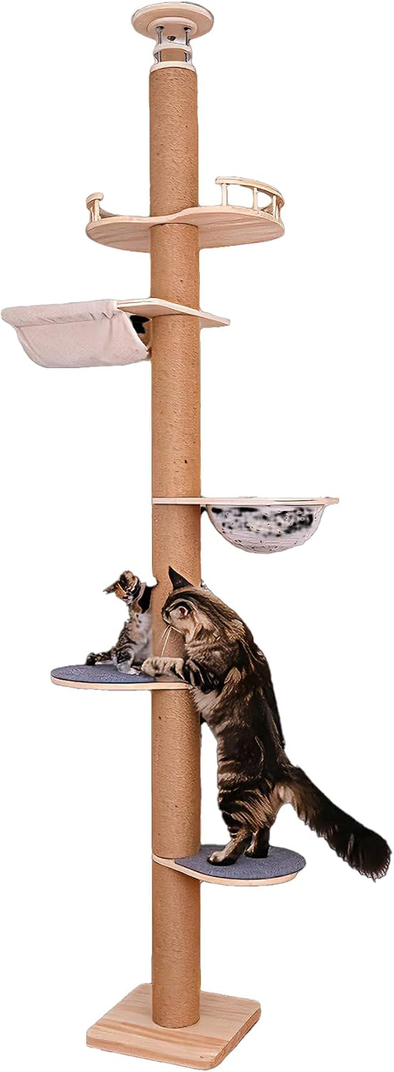 Studio shot of the tall sisal-wrapped cat pole with multiple wooden platforms, hammock and clear bowl.