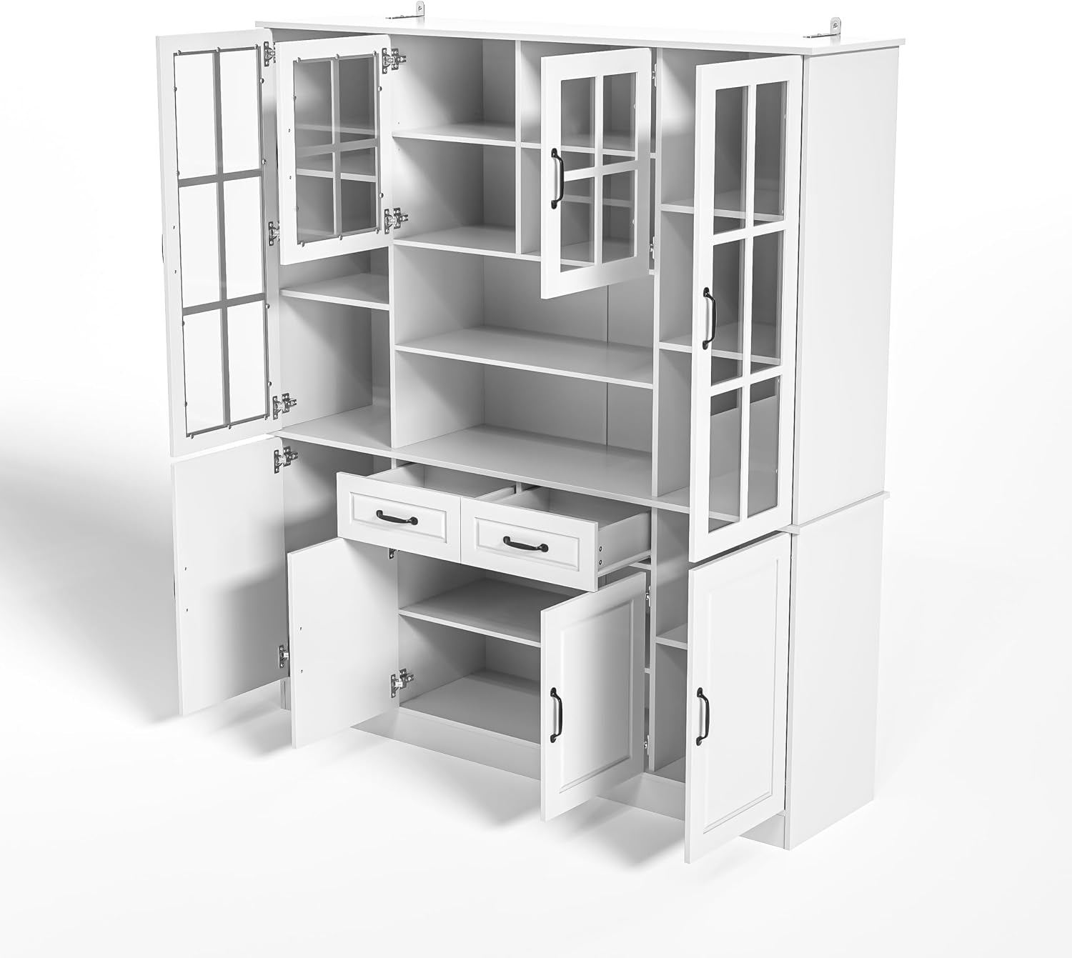 Angled view of the white hutch with several doors and drawers open revealing multiple adjustable shelves inside.