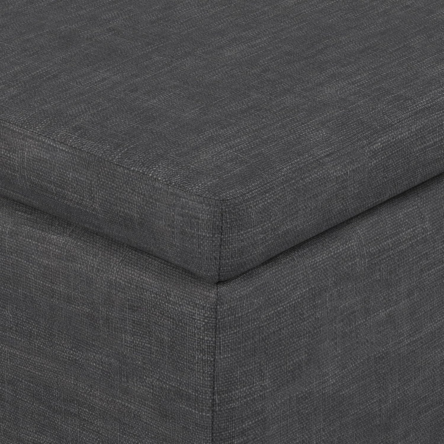 Close-up of the slate-gray linen-look fabric showing woven texture and corner stitching.