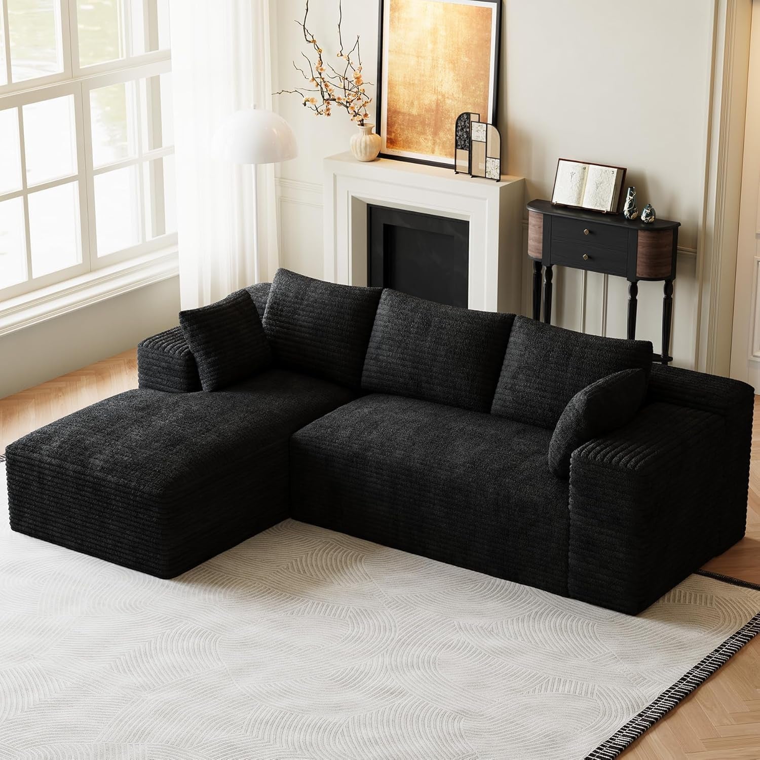 ONEMMLION 96" L-Shaped Cloud Boneless Couch Sofa with Chaise, Beige White | Corduroy Comfy Fluffy Modular Deep Seat Memory Foam Compressed Sectional Sofa for Living Room Oversized Left Facing Chaise