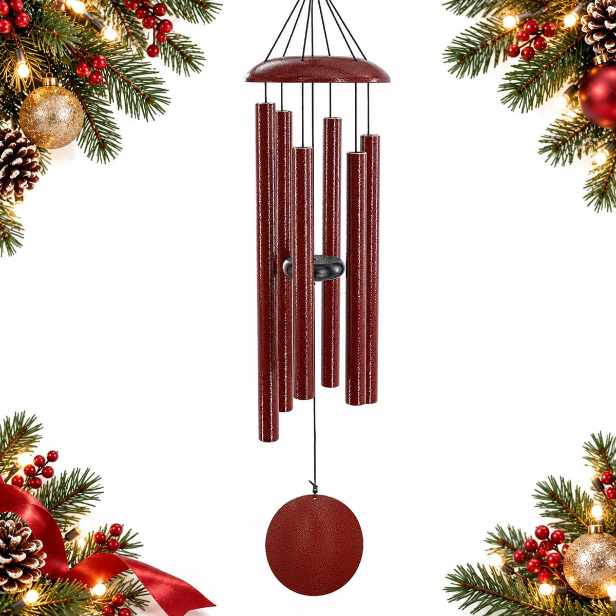 Close-up of six textured red-brown metal tubes and round wind catcher suspended from a dome top