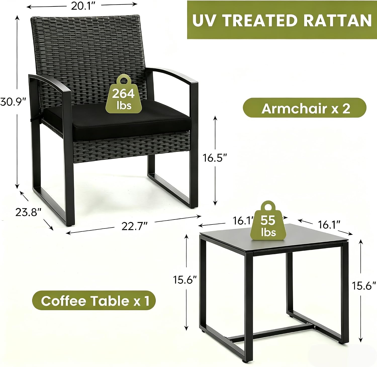 Single rattan armchair and square table with annotated dimensions and weight labels