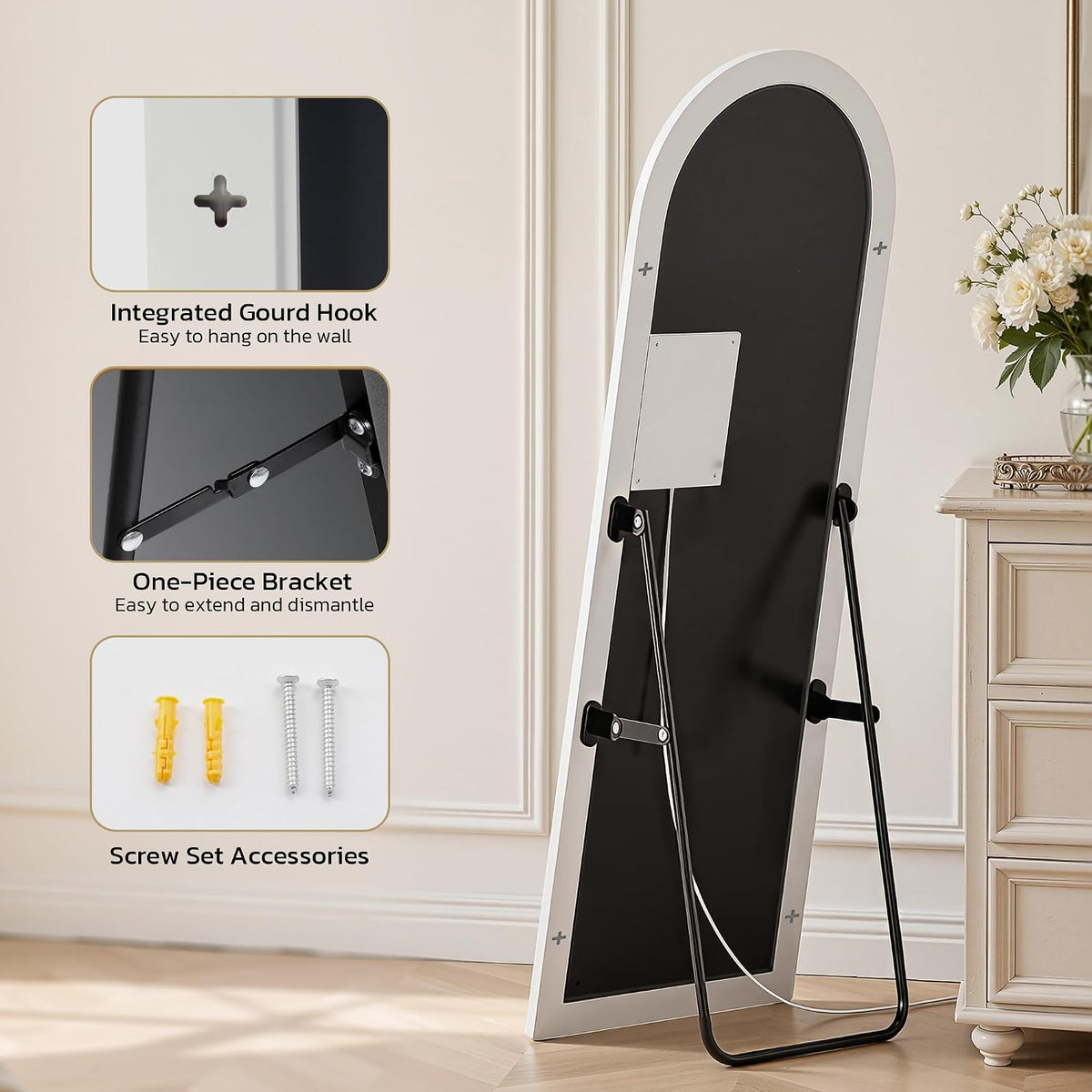 rear view of the freestanding mirror showing the black metal support bracket, cord and wall anchors