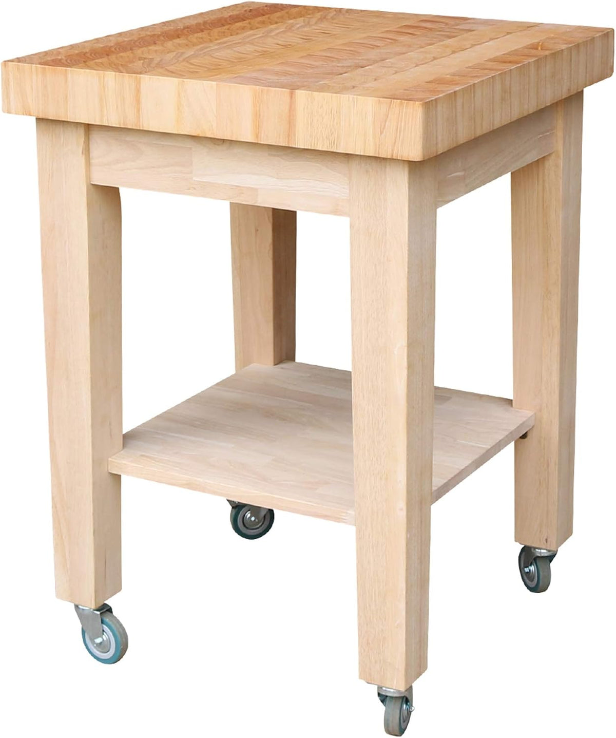 Natural parawood kitchen island cart showing thick top, open lower shelf and caster wheels at front-right angle