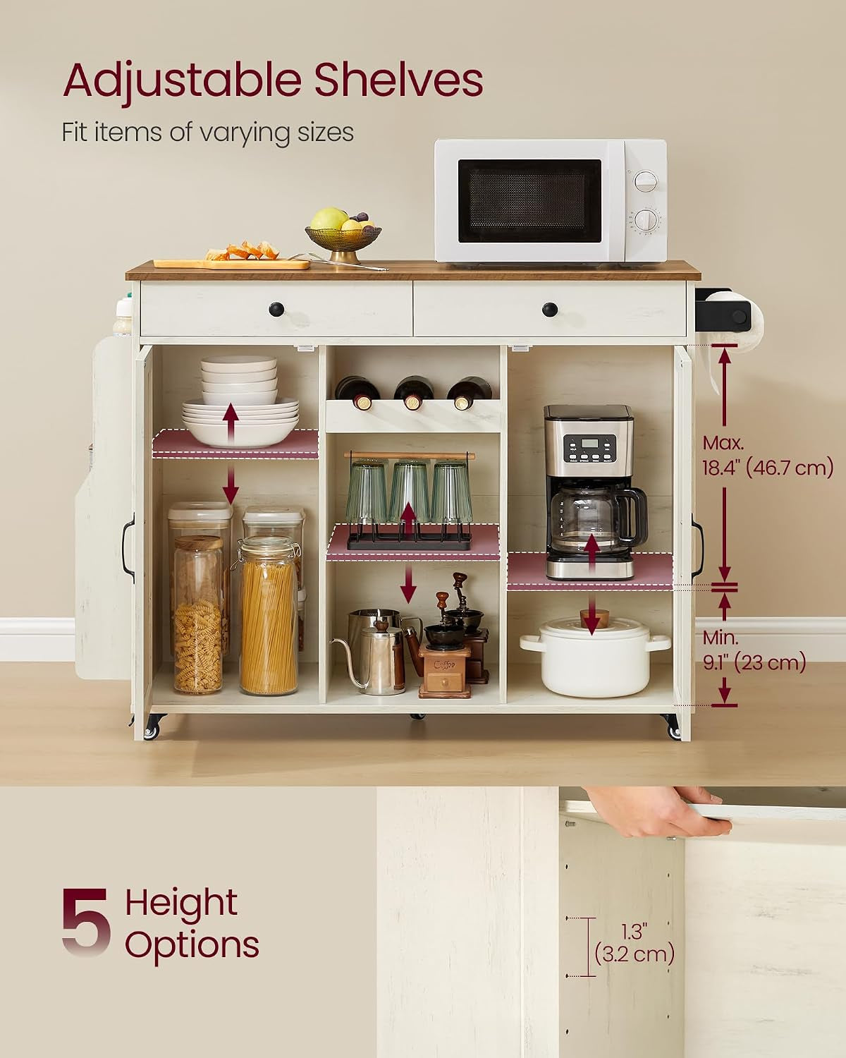 Front interior view showing adjustable shelves, central wine rack and open compartments with kitchen items on shelves