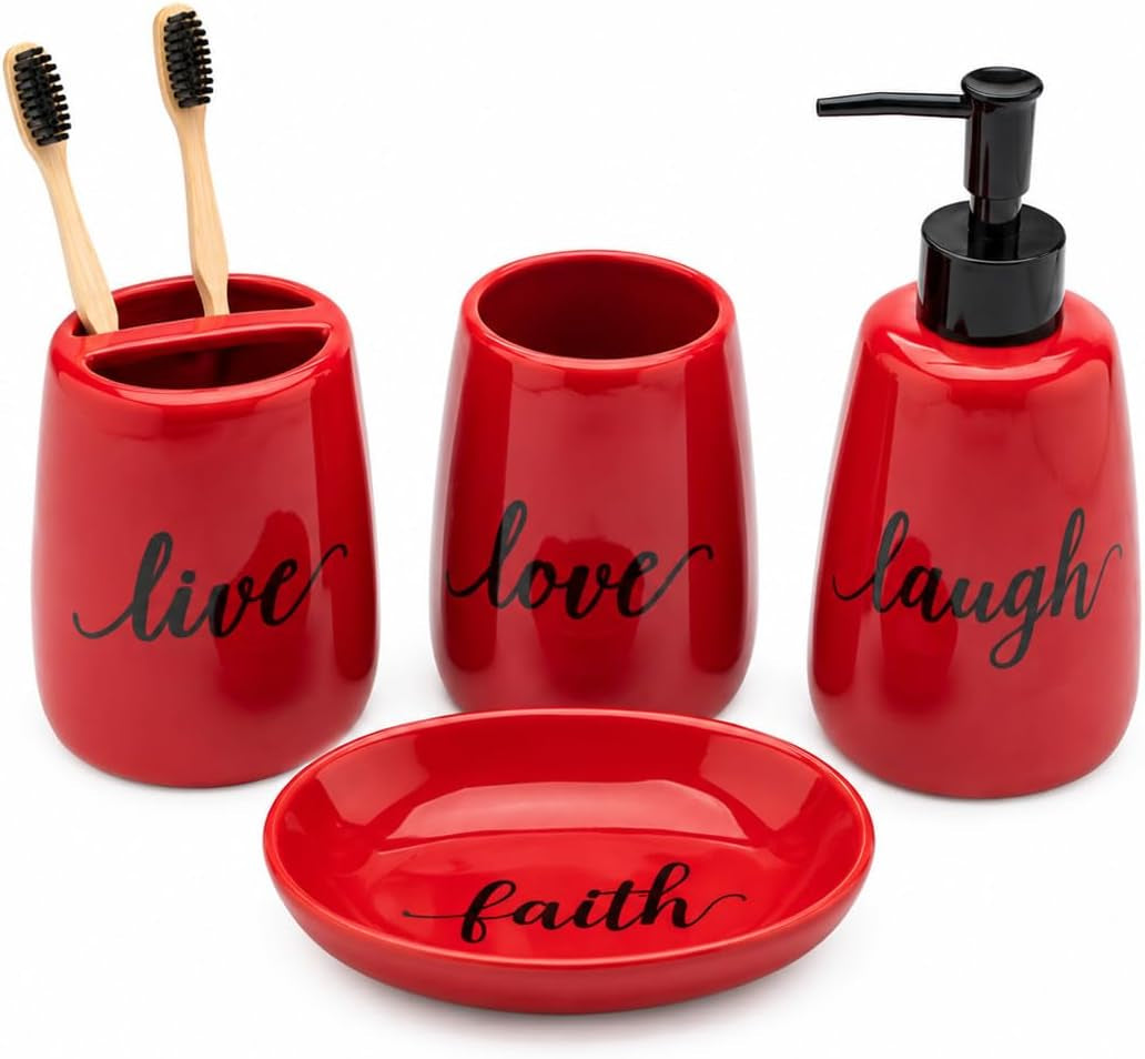 Four red ceramic bathroom pieces: toothbrush holder with two wooden-handled brushes, rinsing cup, soap dispenser with black