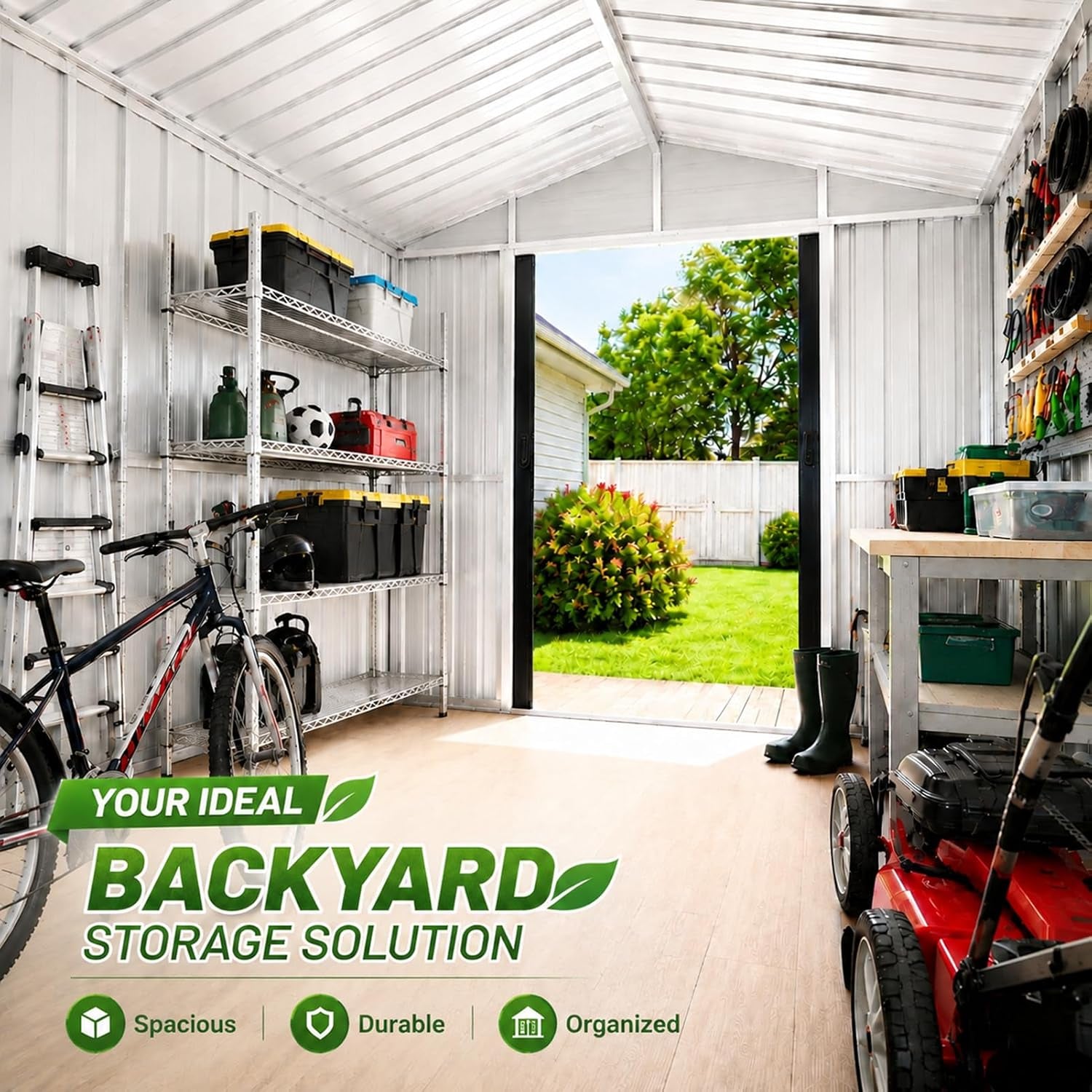 Interior view of galvanized metal shed showing shelving, bicycle, tools, and open doorway looking out to the yard