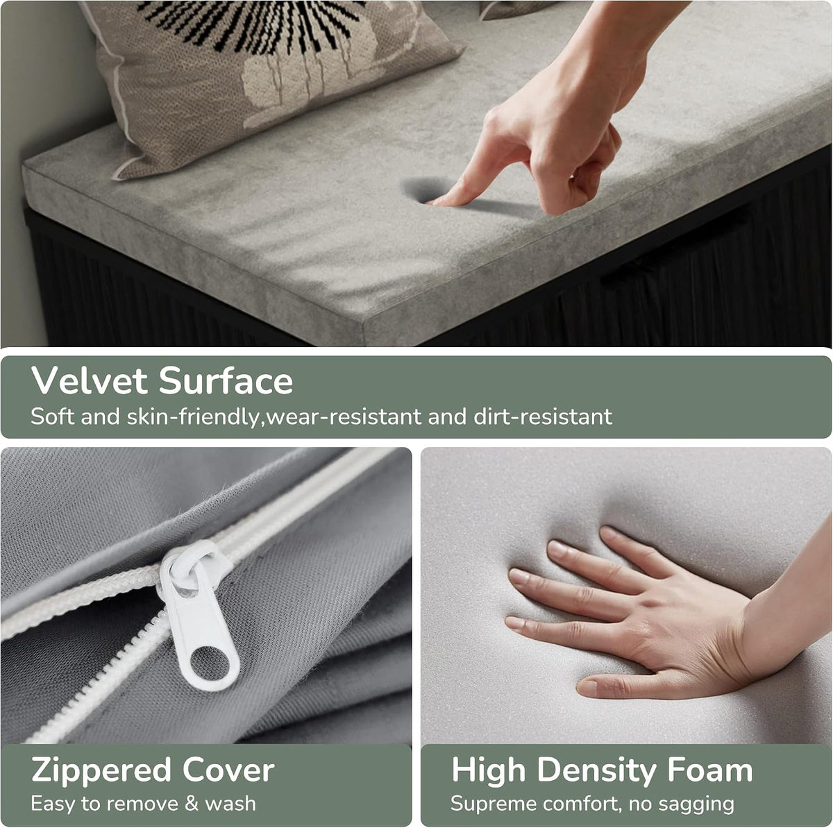 Close-up collage of the light grey velvet cushion surface, a fabric zipper, and hand pressing high-density foam