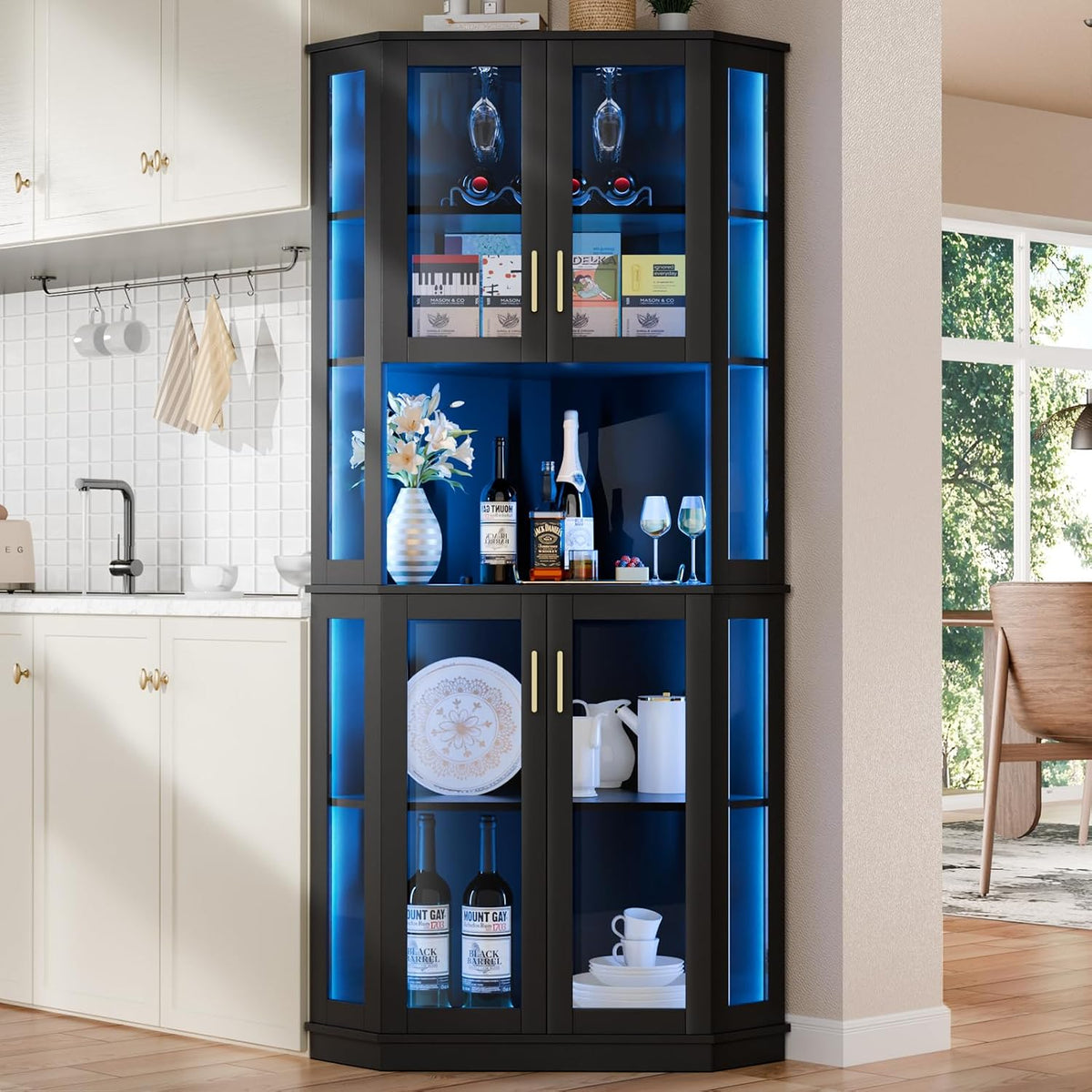 Black corner wine bar cabinet with blue interior RGB lighting placed between kitchen and dining areas, front view