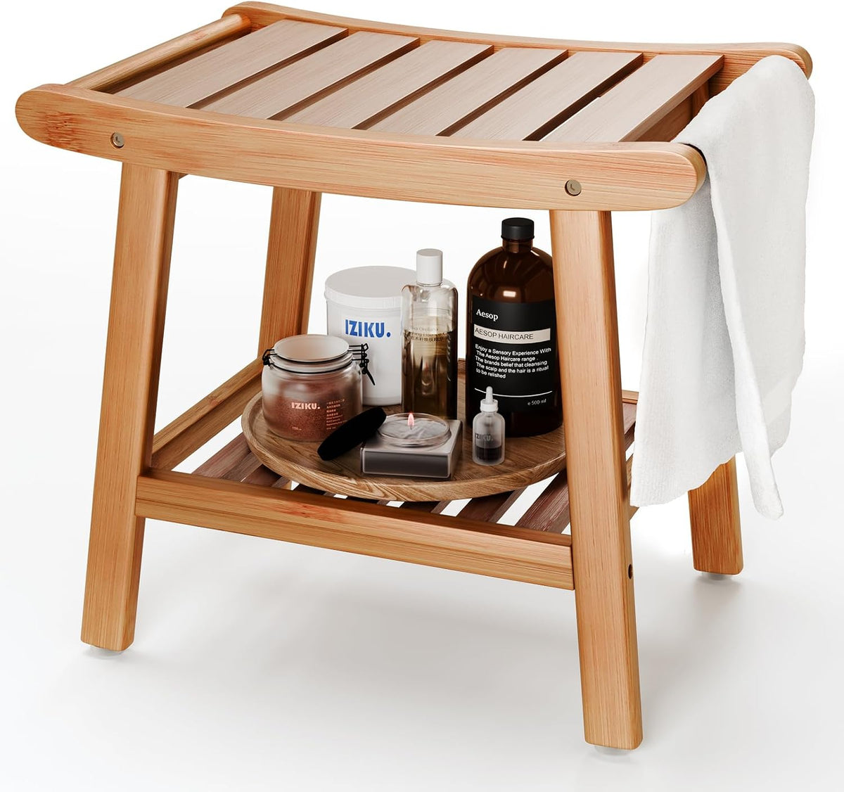 Natural bamboo shower bench close-up showing curved slatted top, lower shelf and towel rail on side