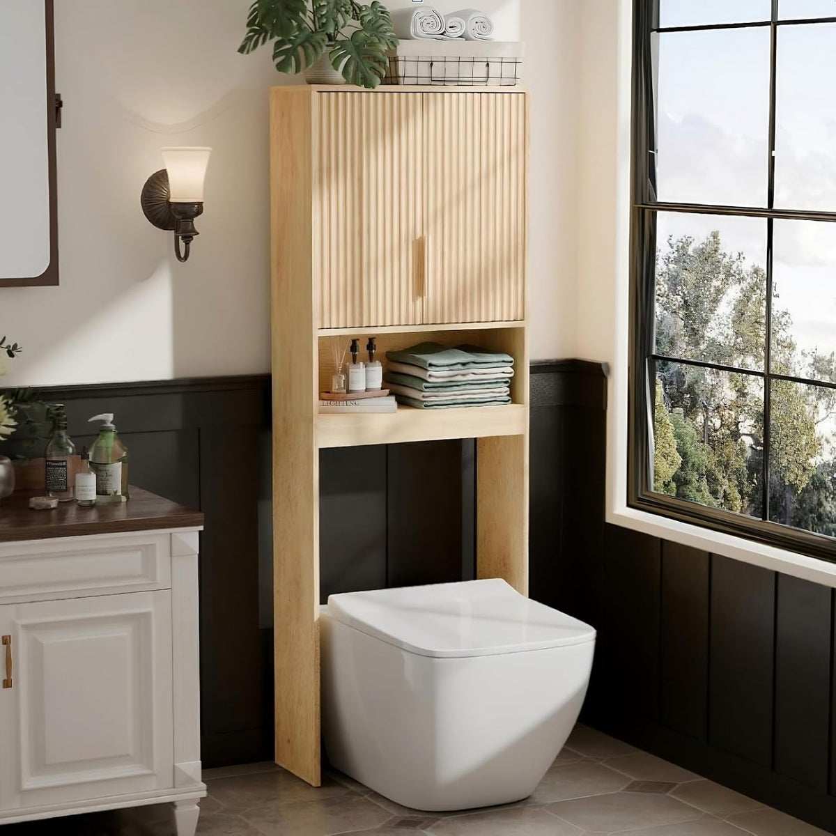 VINGLI Over The Toilet Storage Cabinet, Mid Century Modern Bathroom Organizer with Fluted Doors, gallery view 10
