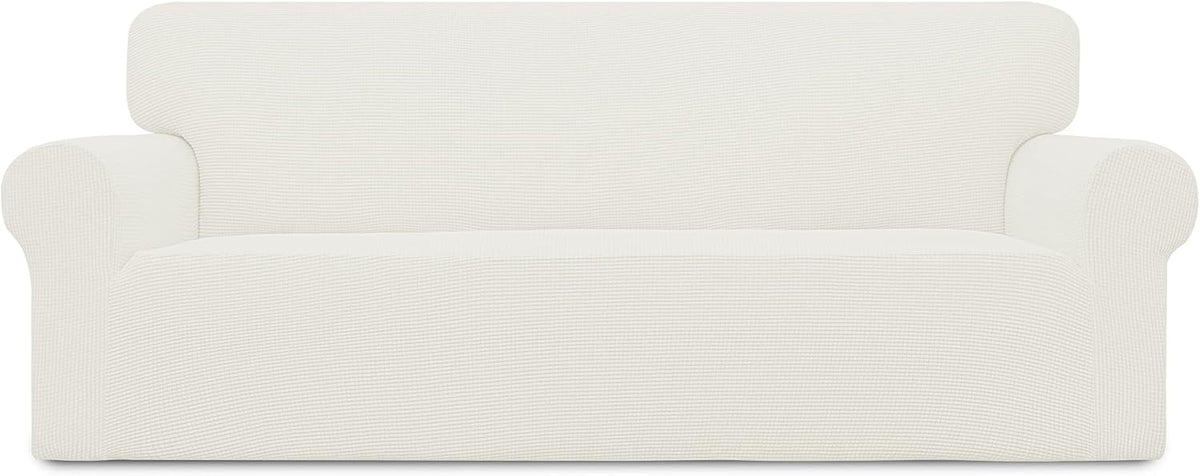 Bright, high-key front view of a white loveseat slipcover with even studio lighting and minimal shadows.