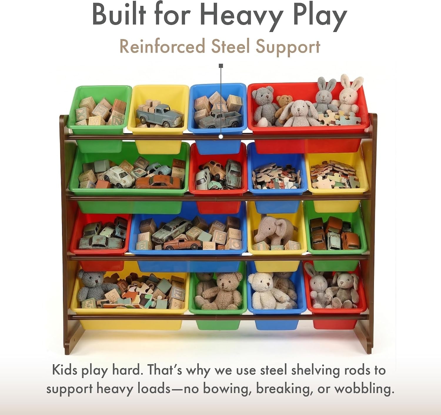 Front view of a four-tier toy organizer with 16 colorful plastic bins filled with toys on wood frame