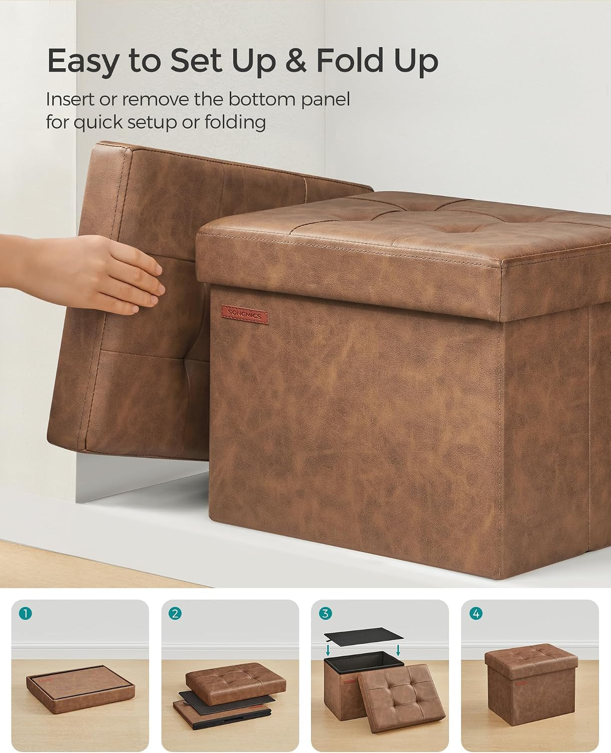 Hand removing cushioned lid to show insertable bottom panel for easy setup and folding