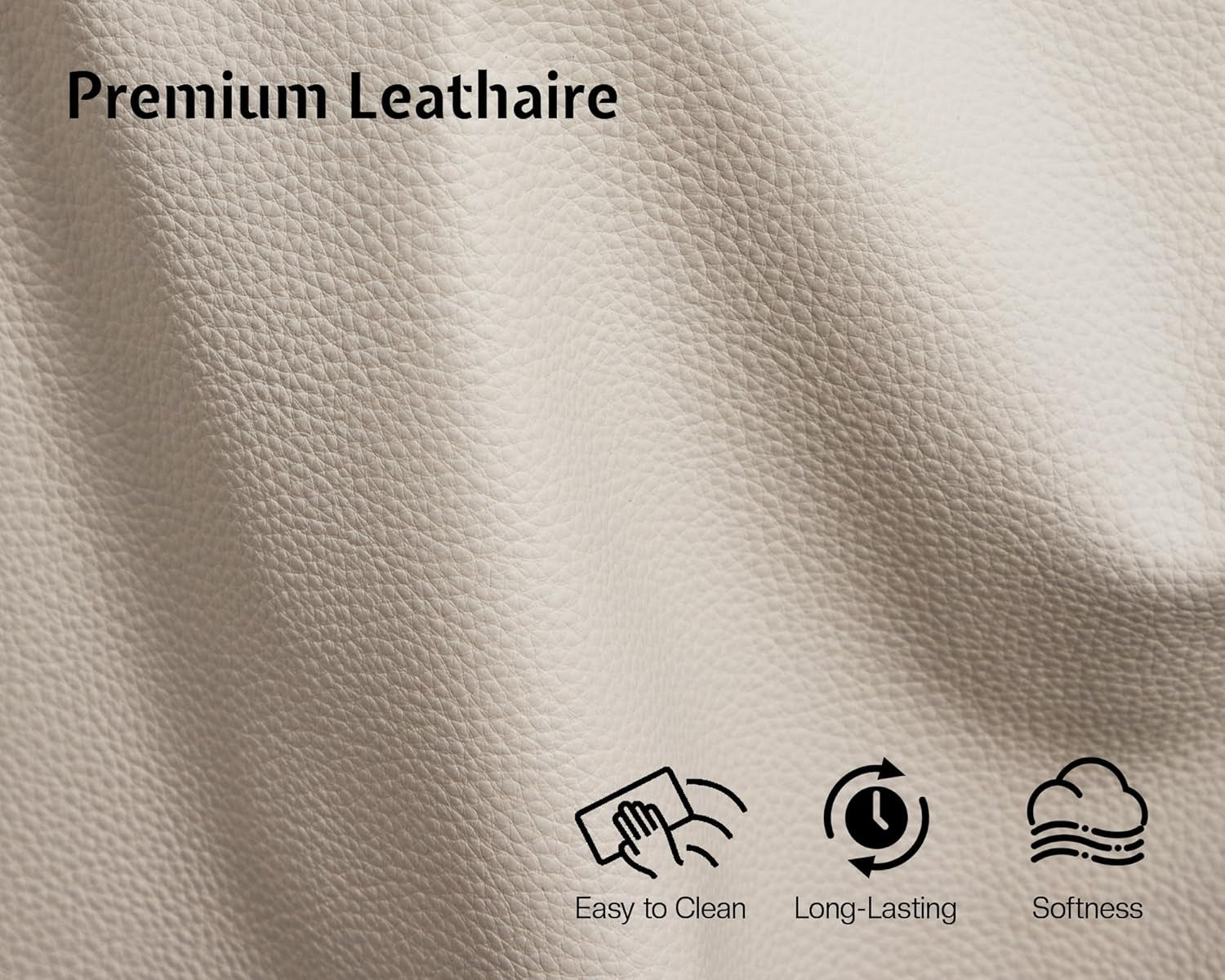 Close-up texture of light beige Leathaire leather-look upholstery showing pebbled grain and finish