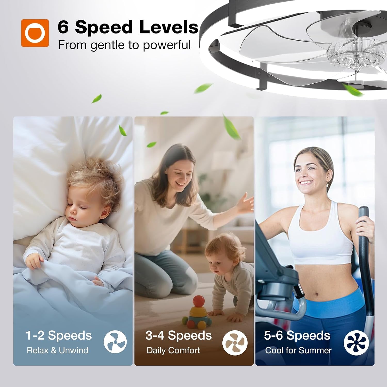 Promotional infographic: partial ceiling fan at top right above three panels showing a sleeping baby, a parent with toddler