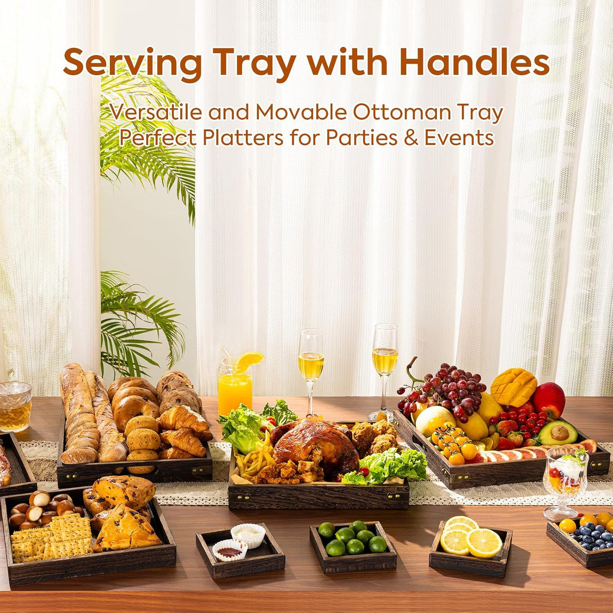 Multiple dark wood serving trays and small matching trays arranged on a dining table with assorted breads, fruits and dishes
