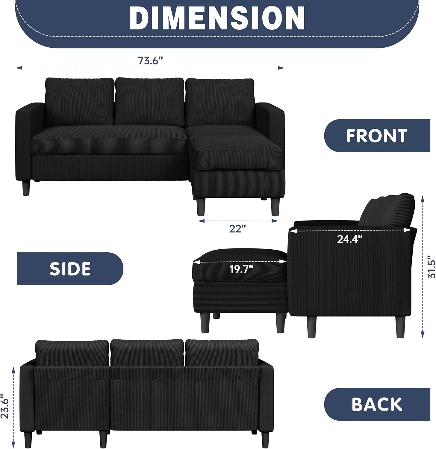 L Shaped Sectional Sofa Couch,Convertible Modular Sofas with Movable Ottoman,3-Seat Upholstered Corduroy Couch,Small Couches for Living Room,Apartment,Office(Black)