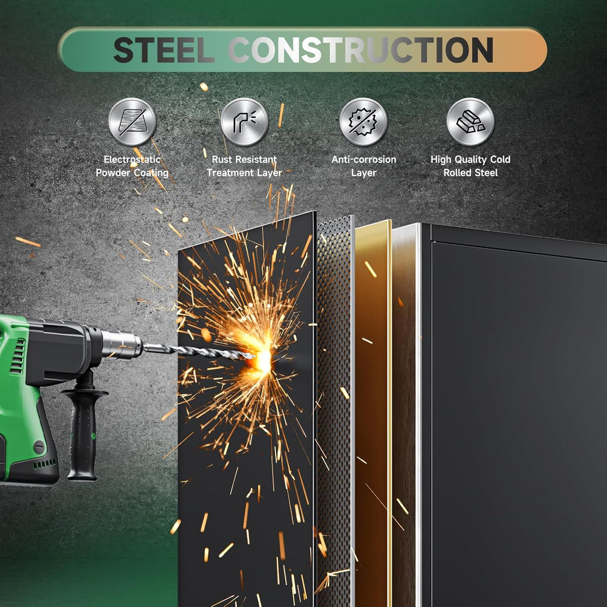 Illustrated exploded view of layered steel cabinet panels with a drill producing sparks to suggest durable steel