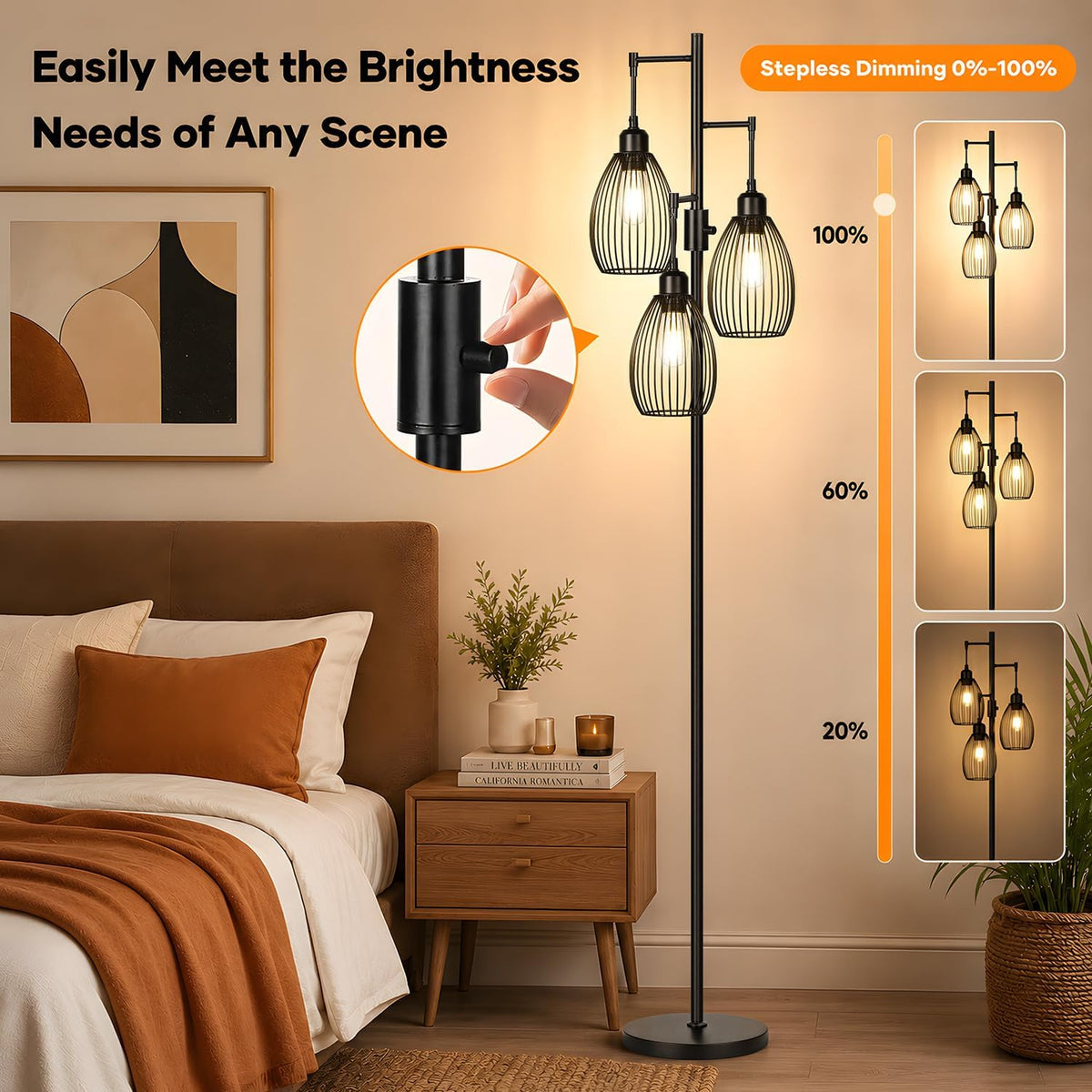 Black 70-inch floor lamp with three cage shades and a close-up of the stepless knob dimmer in a bedroom setting