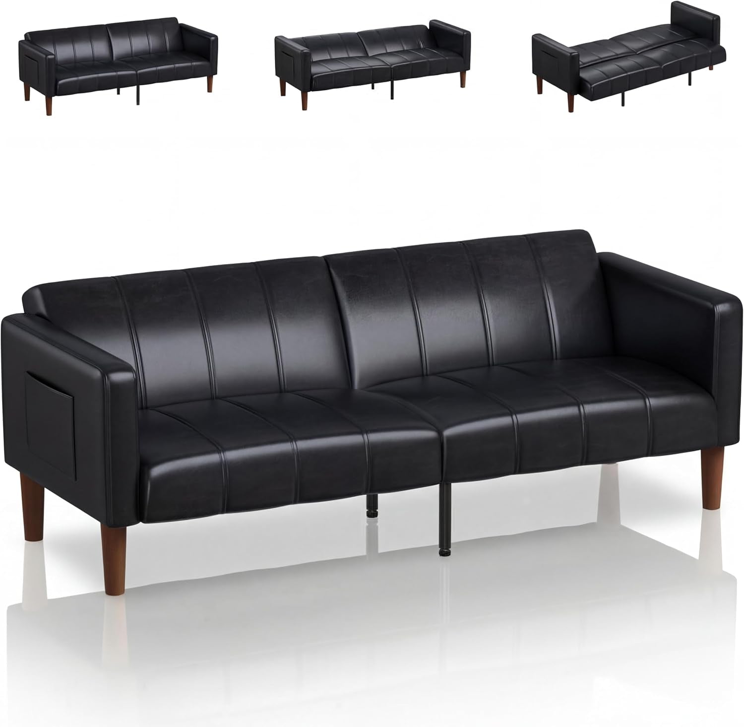 Black faux leather futon sofa bed front angled view showing stitched seat and wooden legs