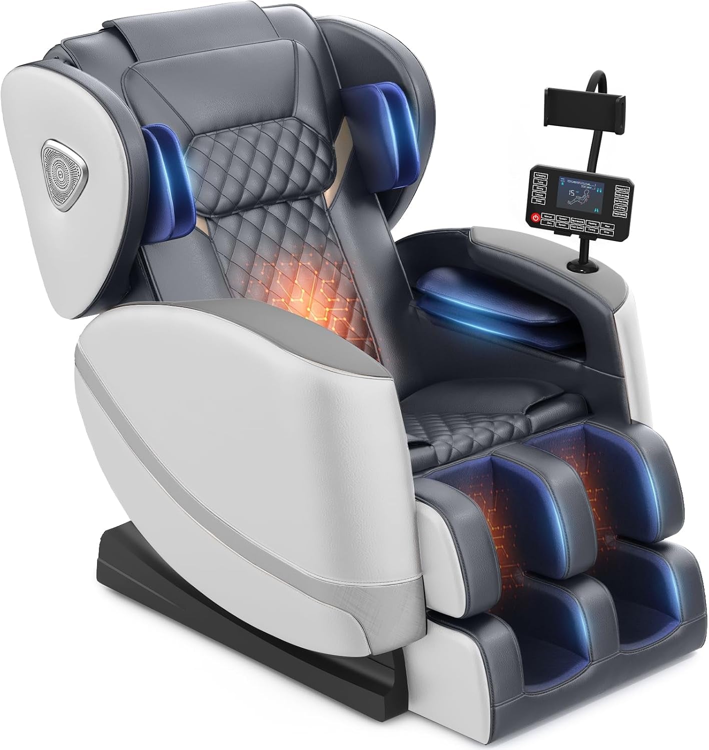 White and gray massage chair at a slight right angle with illuminated foot and back massage zones and controller.