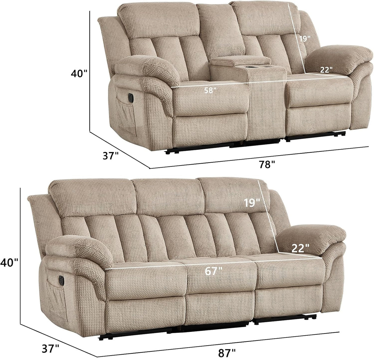 Light brown recliner sofa with dimensional diagram and overlaid measurements showing height and depth