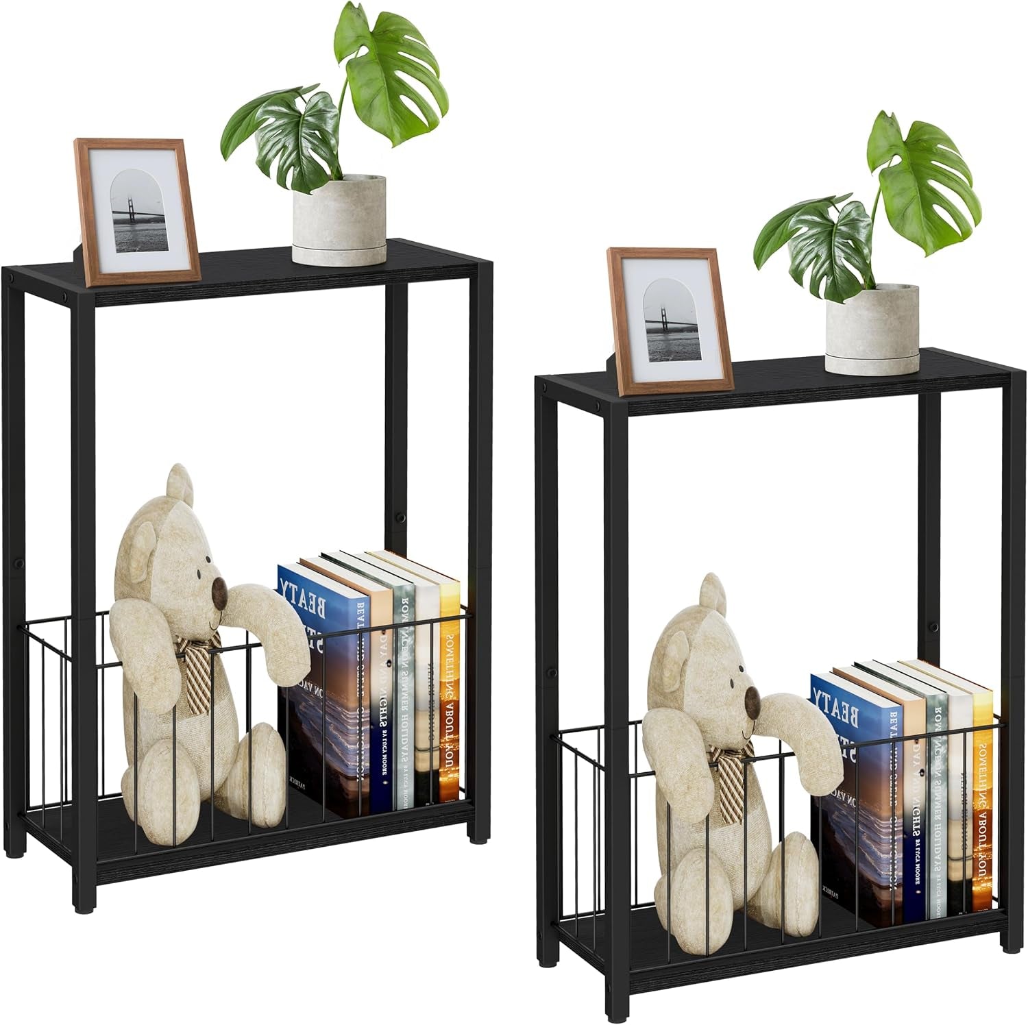 Two narrow side tables showing taller and shorter views with black tops, metal frames and basket storage