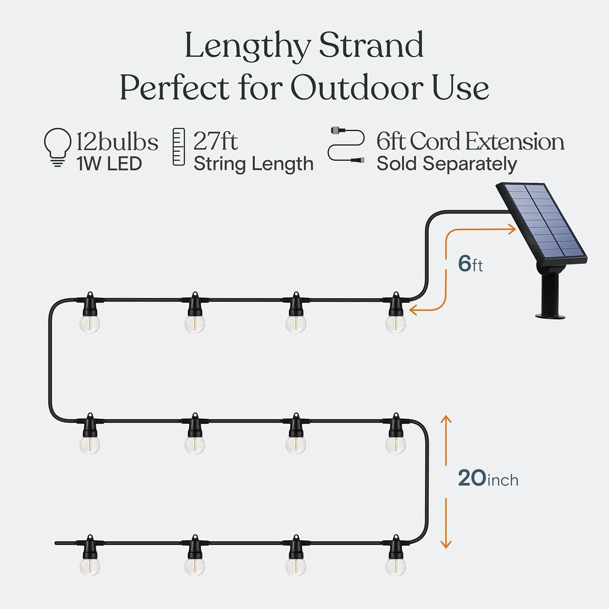 Diagram of 27 ft string layout showing bulb spacing, 6 ft solar panel lead and a 20 inch drop.
