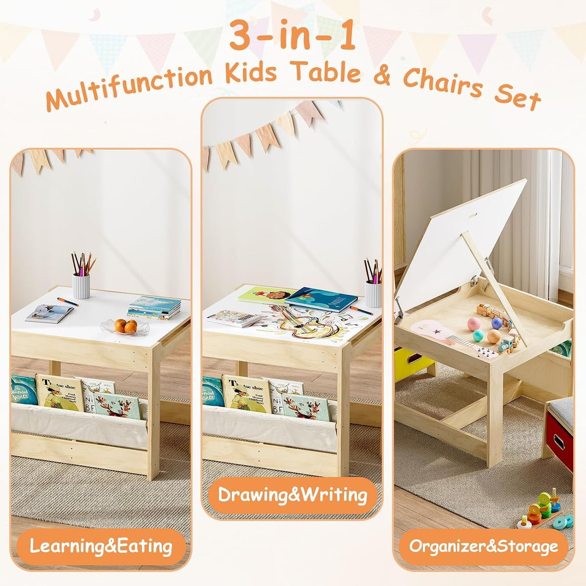 Three vertical panels showing the table flat for eating, tilted for drawing, and opened to reveal storage inside.
