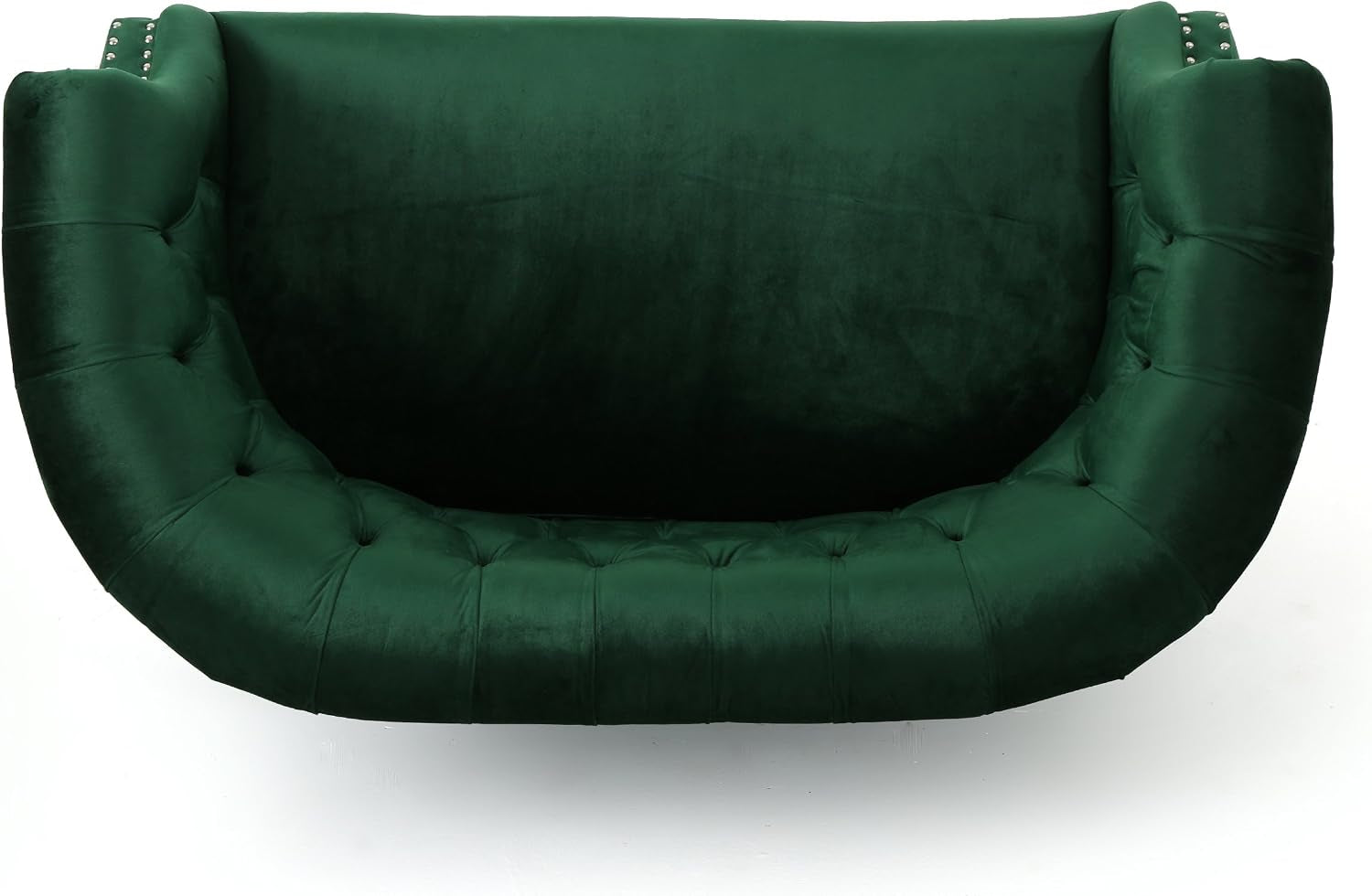 Top-down view into the loveseat showing tufted seat curve and inward-turned arm contours