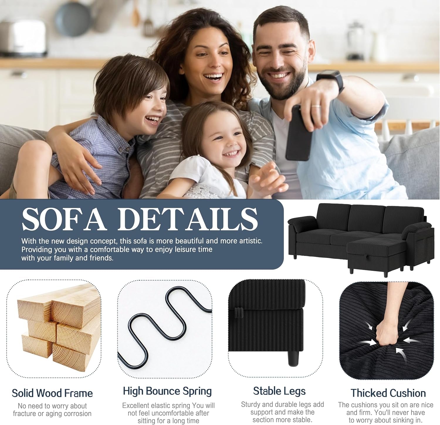 Sectional Couch for Living Room, 79In Sectional Sofa with Ottoman, L Shaped Couch with Armrests Side Storage Pockage, 3-Seat Sofa Couches for Apartment, Black