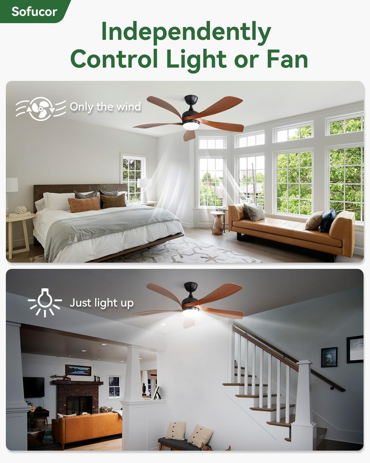 Two scenes showing the same ceiling fan: top cooling a sunlit bedroom, bottom providing light in a stairway entryway.