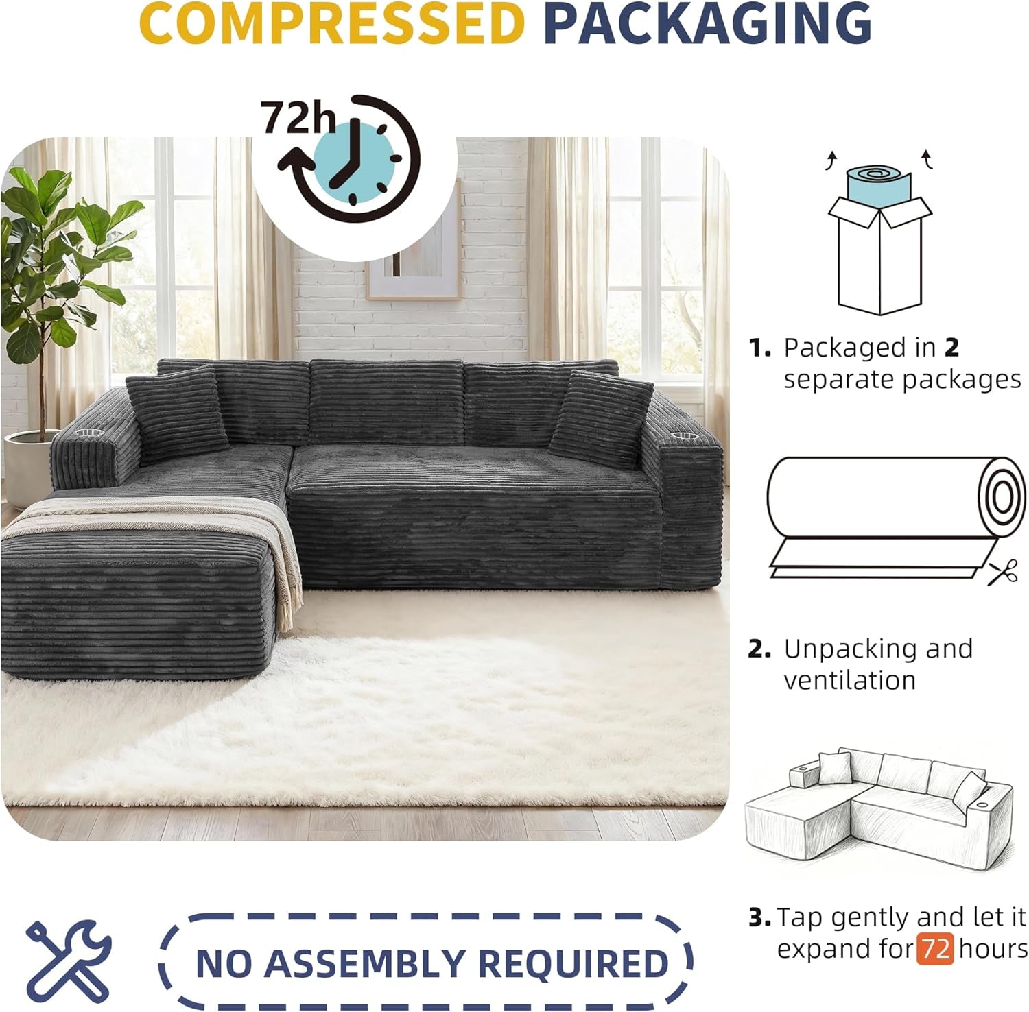 103" Boneless Couches for Living Room with 2 Cup Holders,L Shaped Modular Sectional Sofa Set,No Assembly Needed Plush Corduroy Living Room Set,Dark Gray