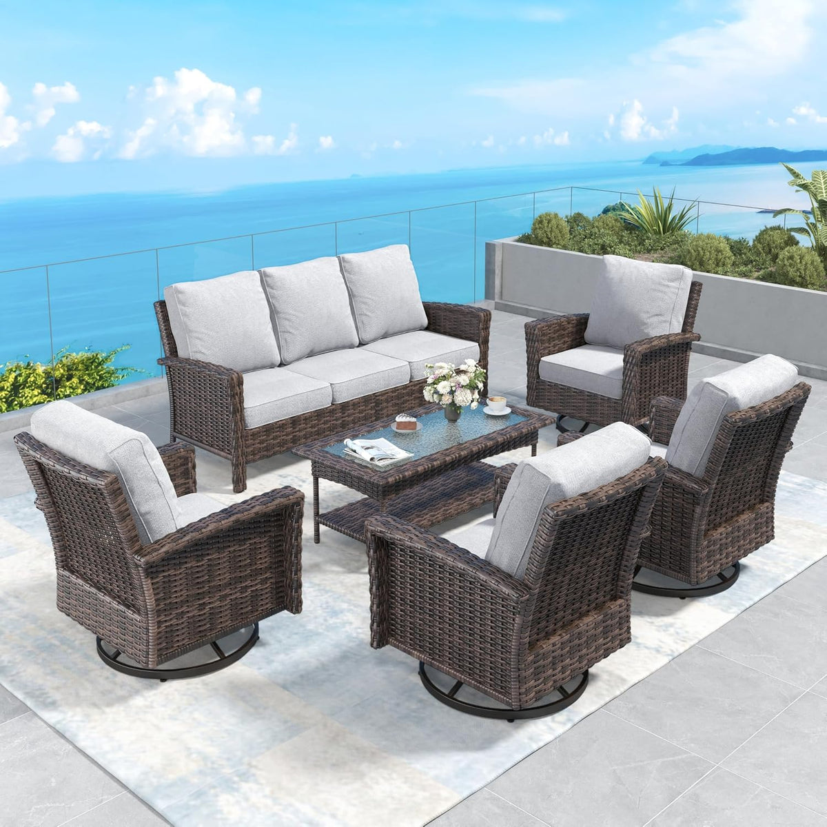 SUNSHINE VALLEY 5pcs Patio Furniture Set, Outdoor High Back Sofa, Beige | Swivel Wicker Chairs w/5.5" Thick, gallery view 38
