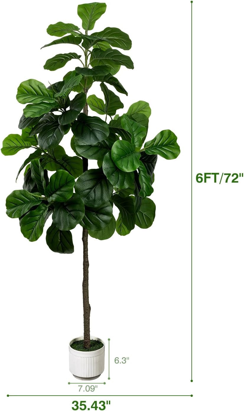 6 ft fiddle leaf fig artificial tree with dimension markers and white planter