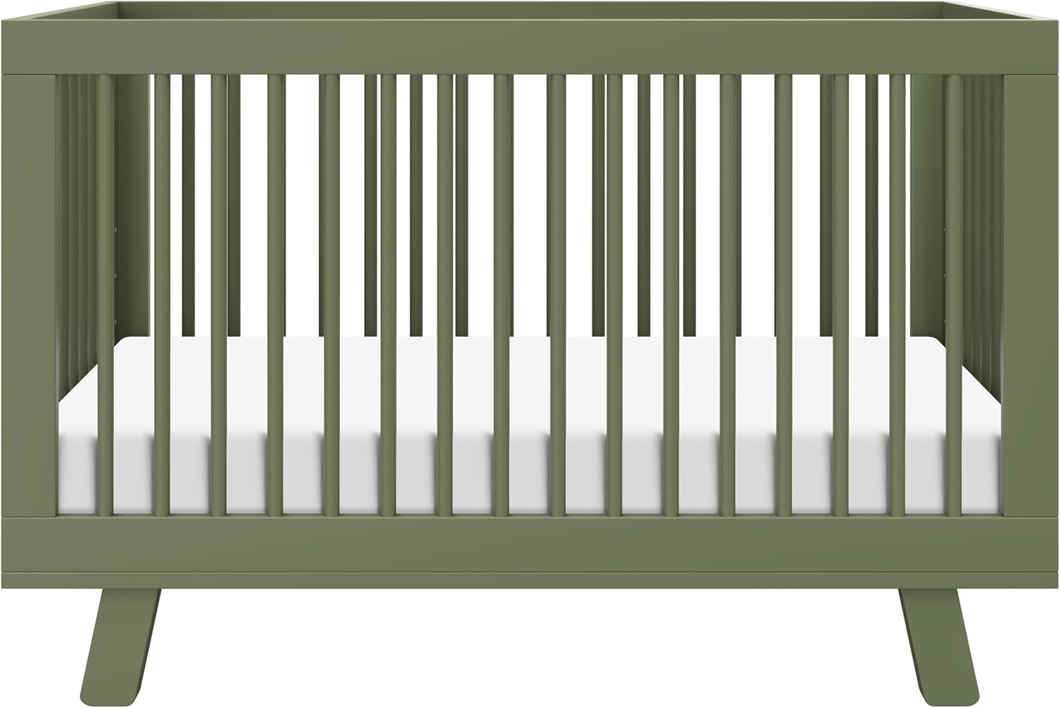Front view of a sage-green wooden baby crib with slatted sides and mattress inside.