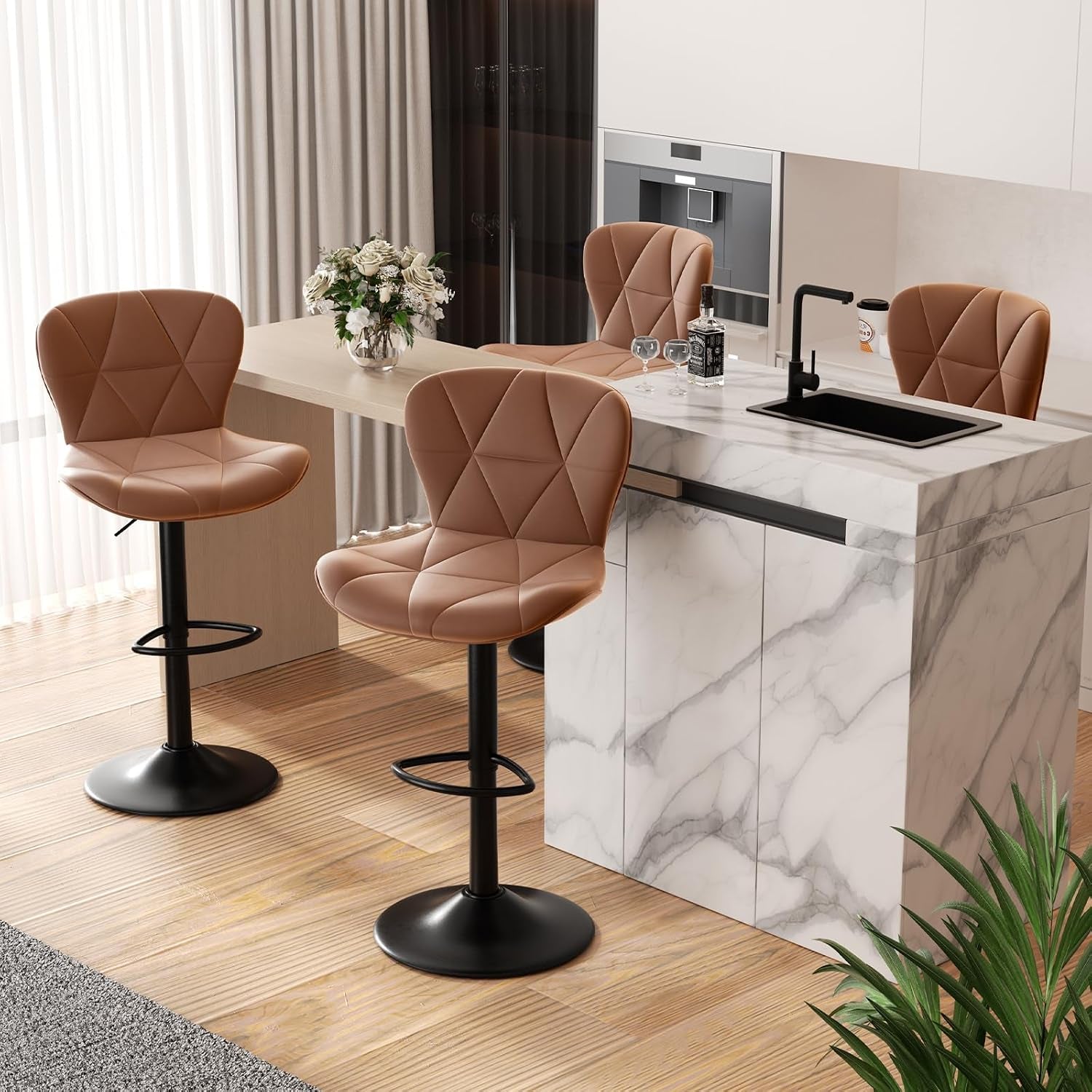 Nalupatio Modern Bar Stools Set of 2, Adjustable Faux Leather Upholstered Swivel Bar Stools, Counter Height, gallery view 17