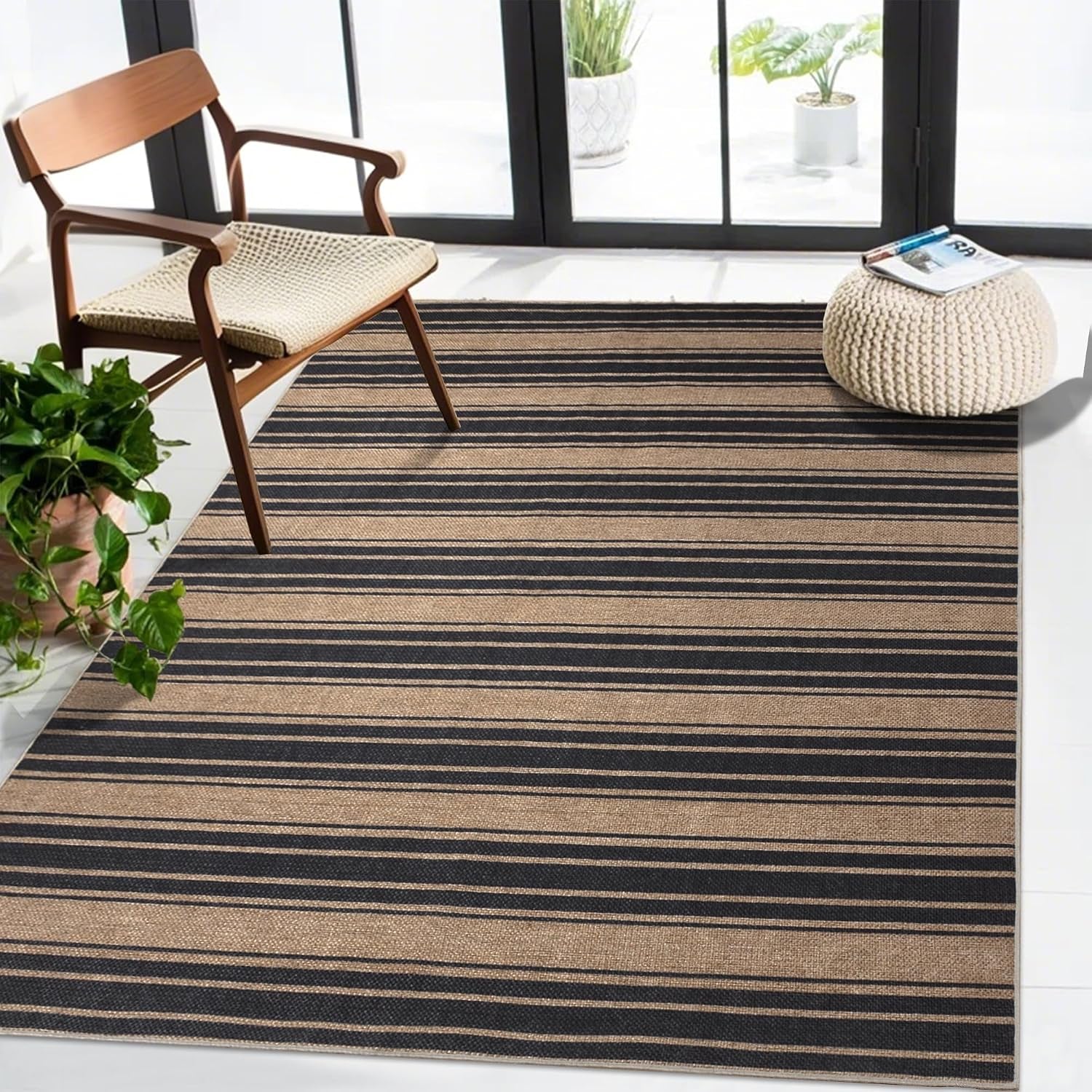 Zeeinx Striped Easy Jute Rug 5x7 Outdoor Patio Rug Neutral Porch Rug | Non Slip Washable Rug for Living, gallery view 50