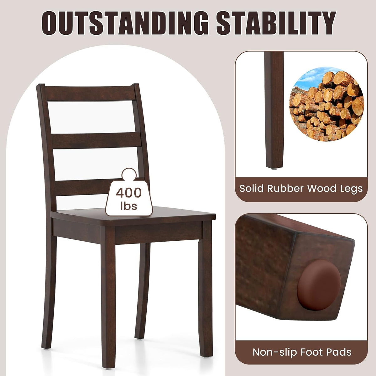 Front three-quarter view of a single brown ladder-back chair with inset close-ups of a leg and a foot pad.