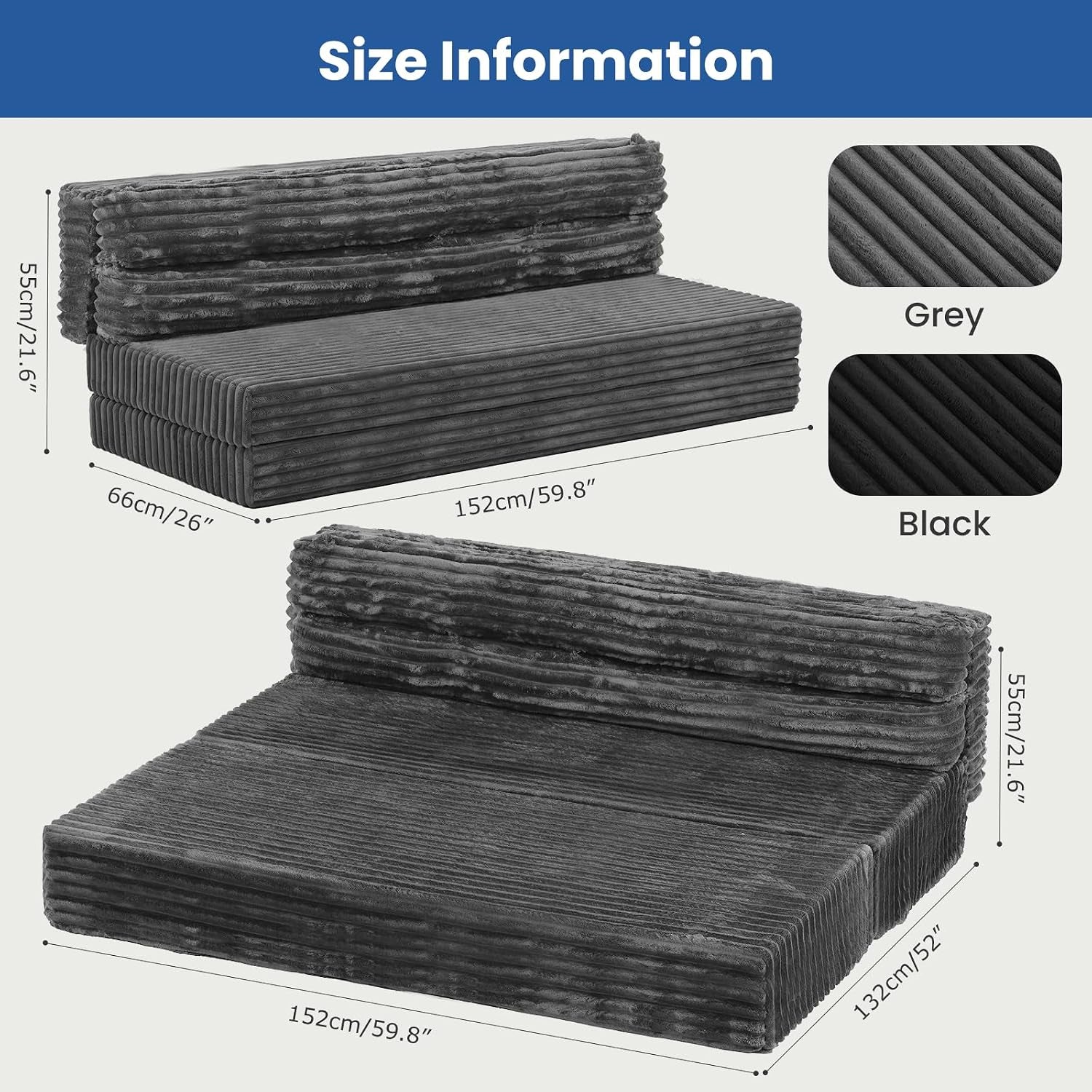 Diagram showing futon dimensions with grey and black corduroy swatches and measurements in cm and inches