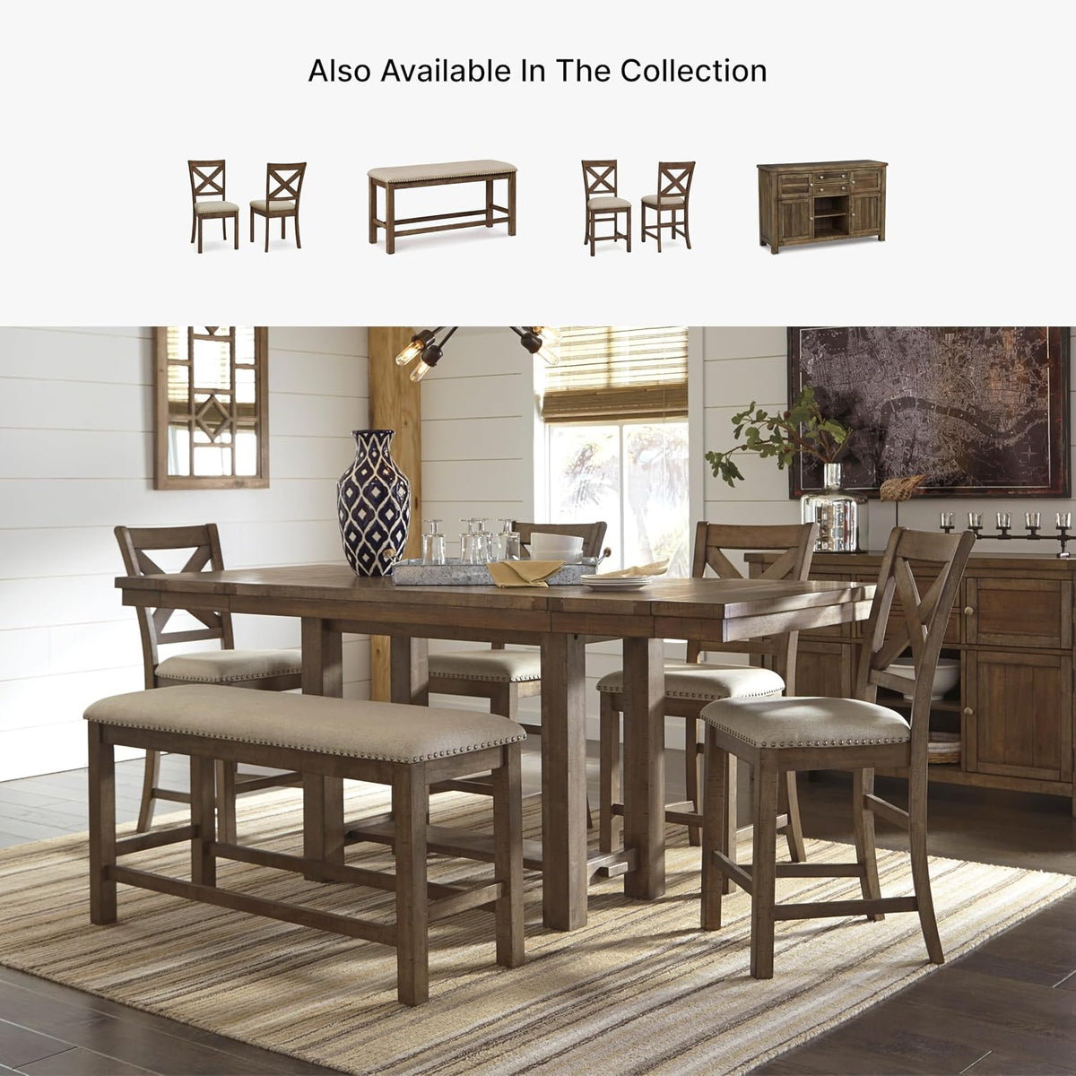 Dining scene with a rectangular counter-height table, a padded bench and two matching X-back counter stools.