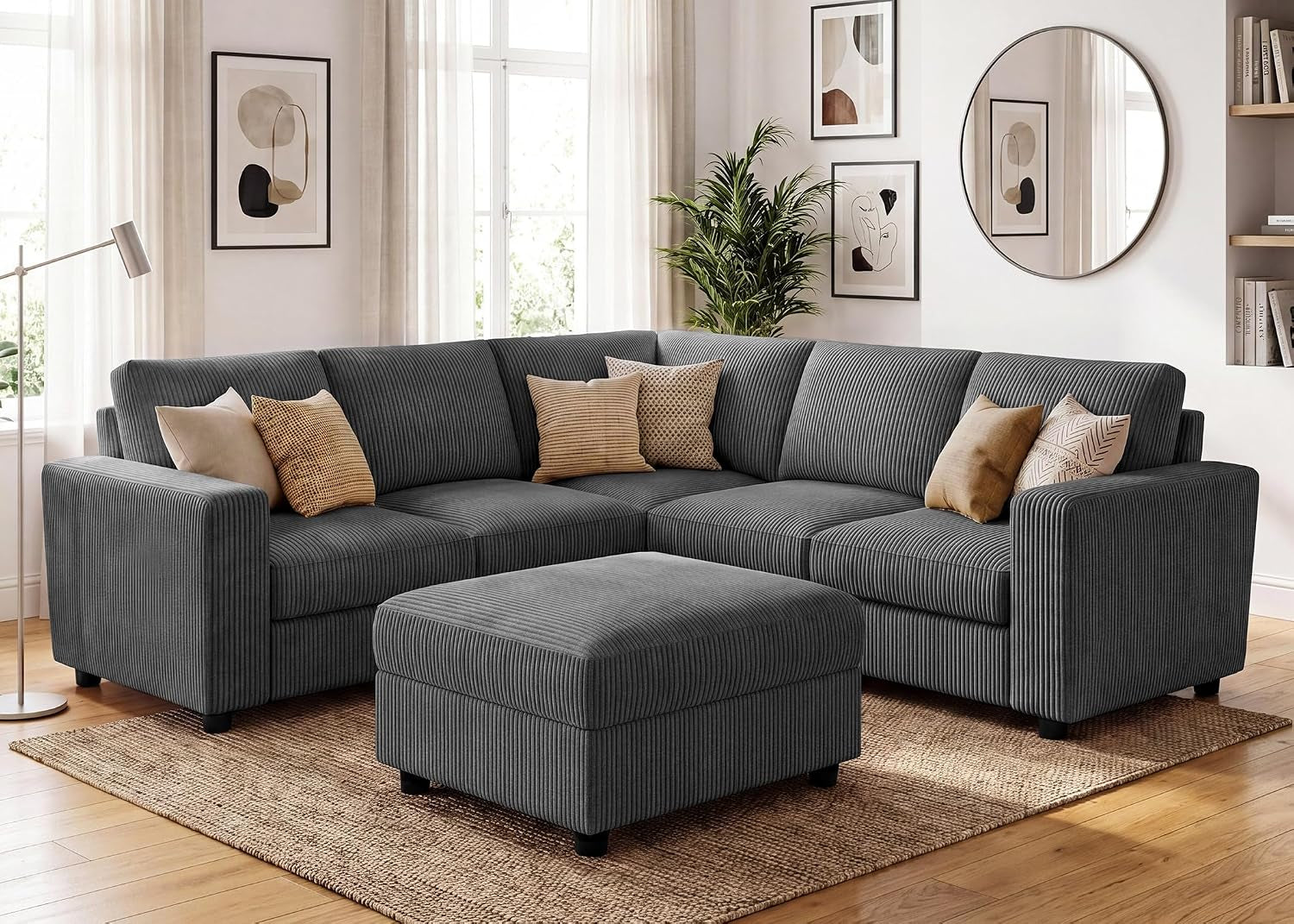 Sectional Sofa, 6 Seater L-Shaped Sectional Couch with Storage Ottoman for Living Room, Dark Grey