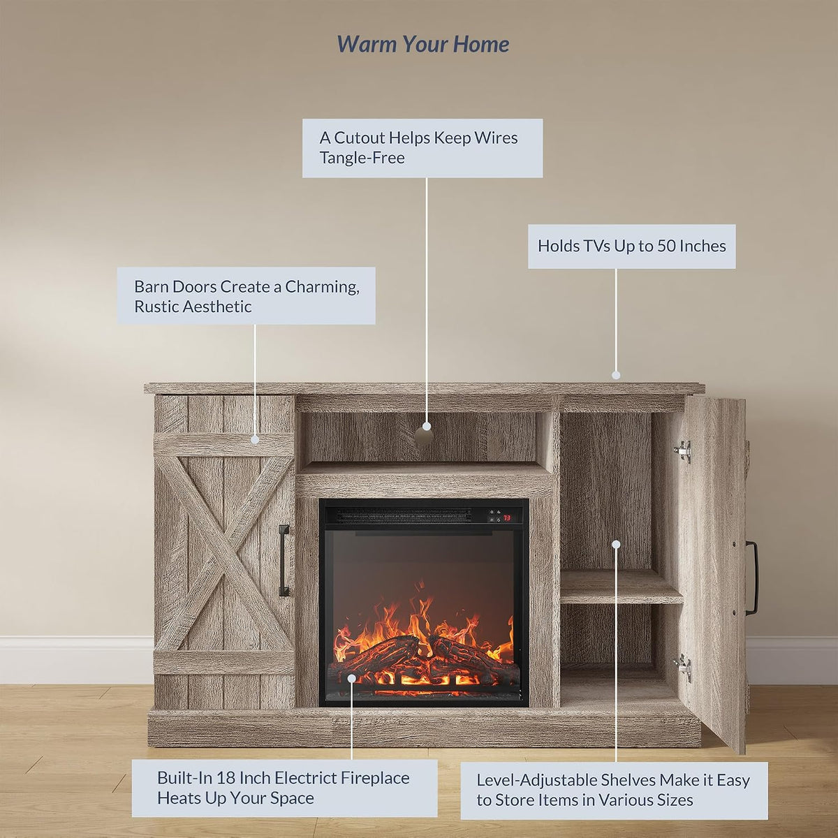 Staged front view of the console showing X-panel barn doors, open shelving and the built-in electric fireplace with flame e