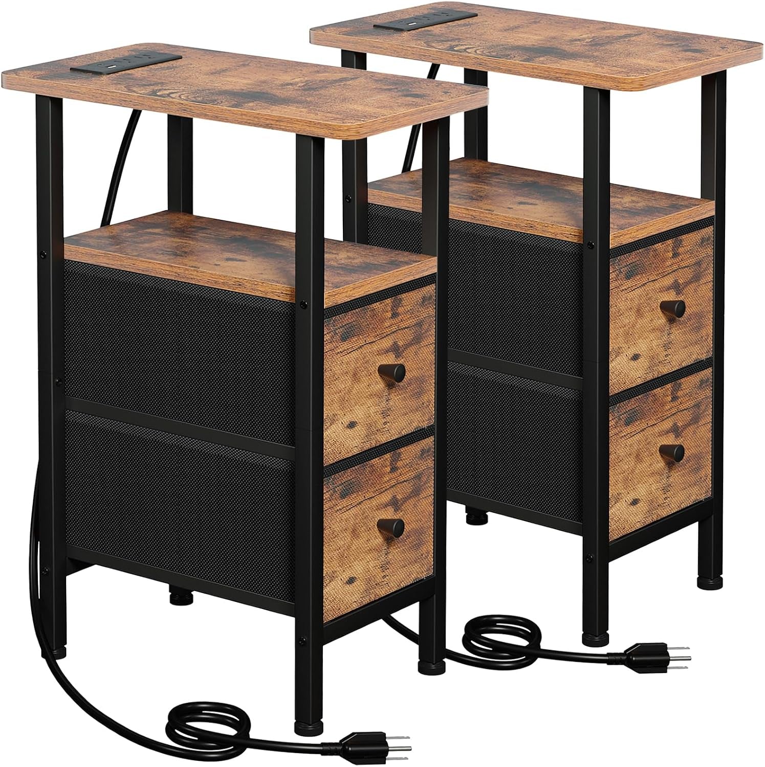 Pair of rustic brown narrow end tables showing wood-look tops, fabric drawers and black metal frames.