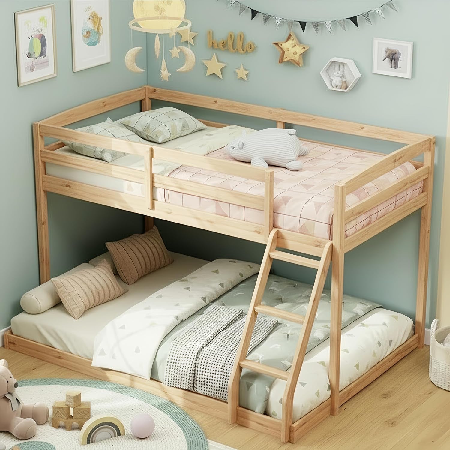 Light natural wood twin-over-twin bunk bed with ladder, styled in a kids' corner room.