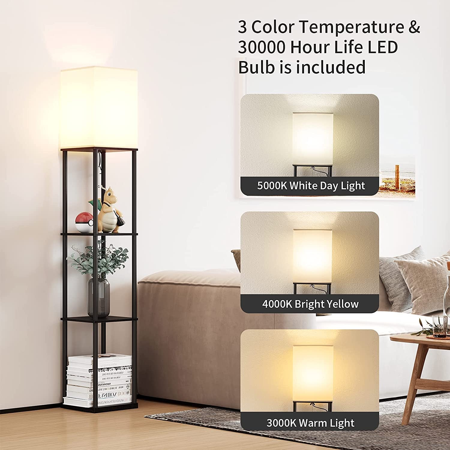 Black shelving floor lamp beside sofa with three inset lighting samples labeled 5000K, 4000K and 3000K.