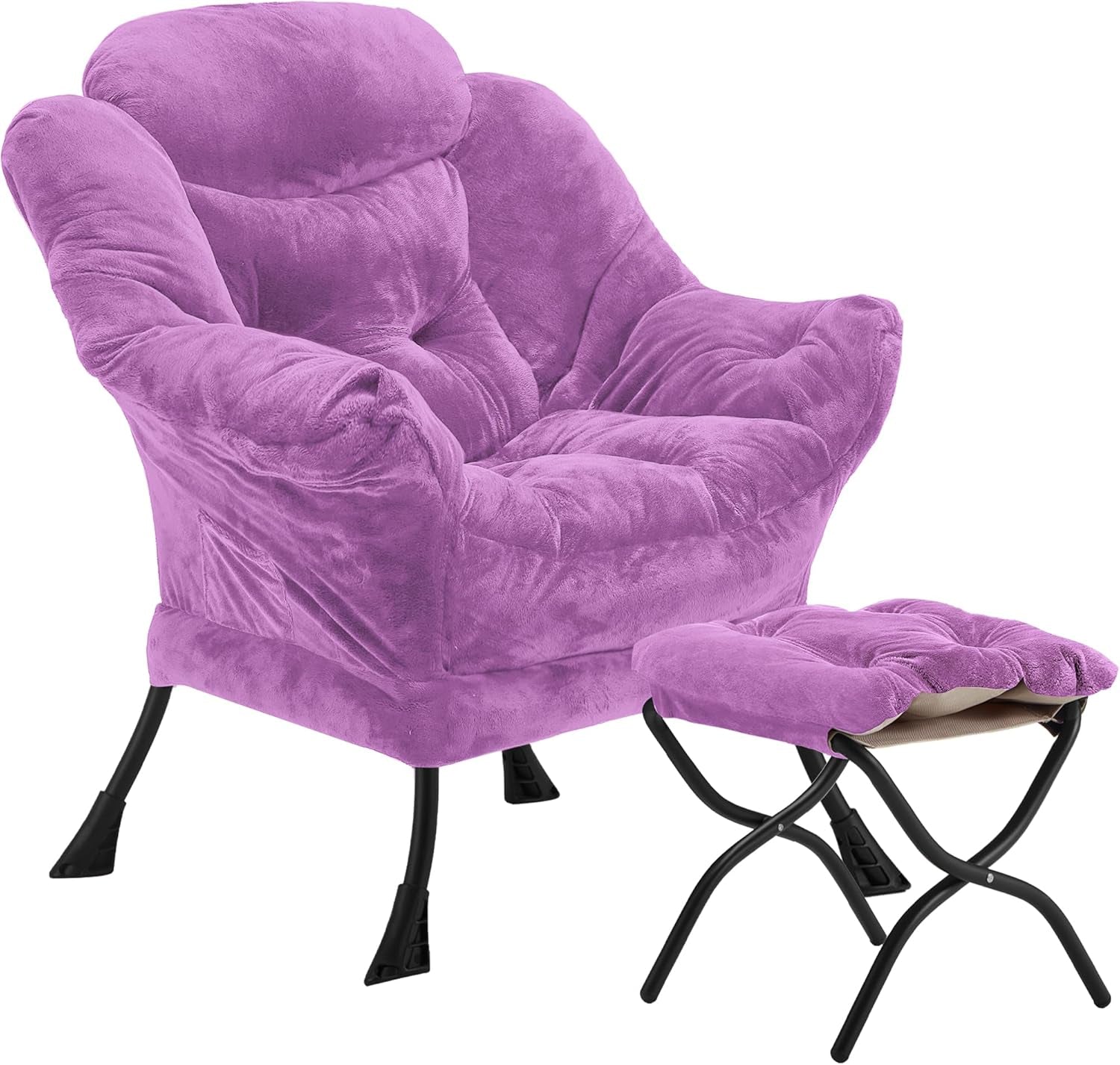 Plush purple velvet padded lounge chair with matching folding ottoman on black metal legs