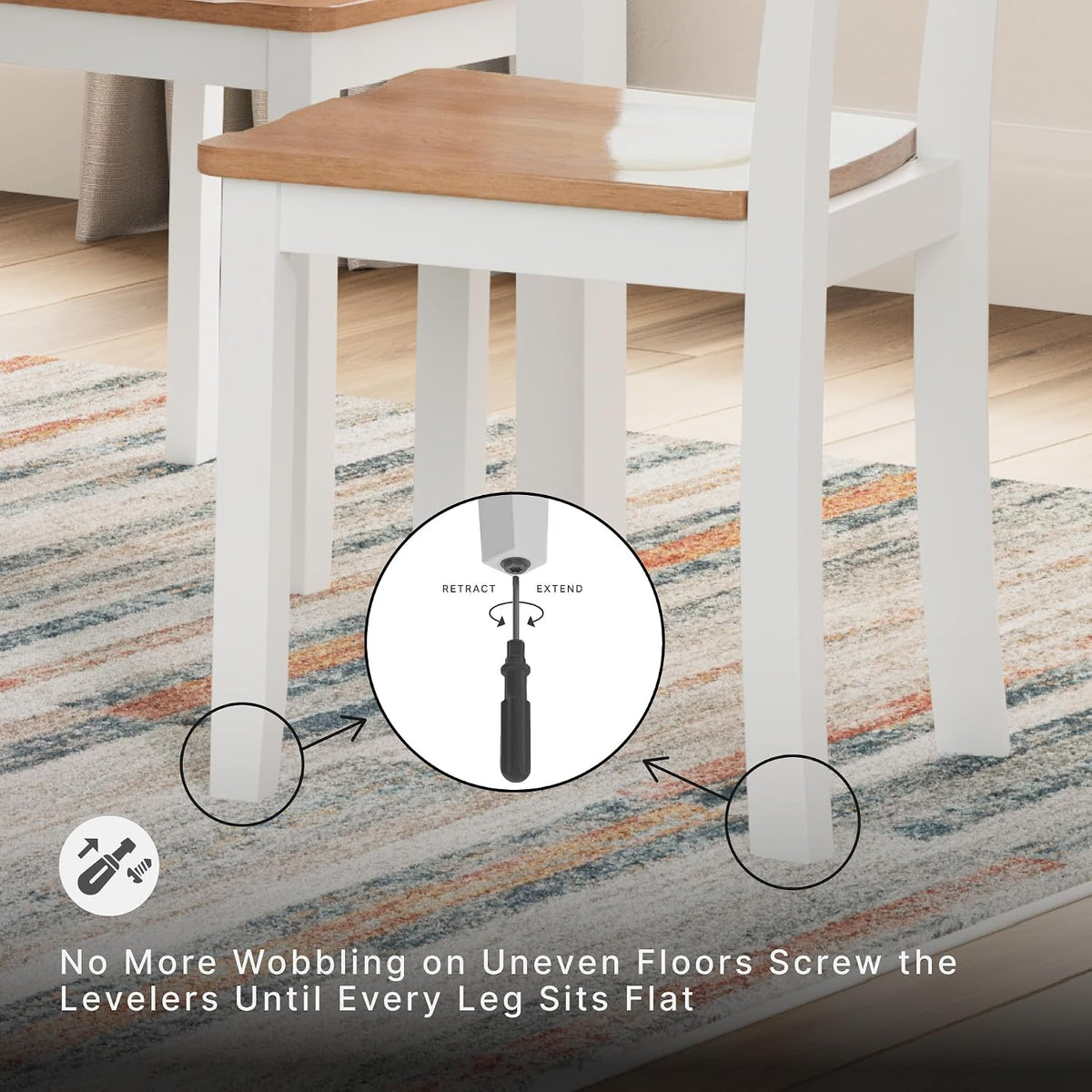 Bottom of chair legs on a rug showing adjustable leveler illustration and callouts for preventing wobble.