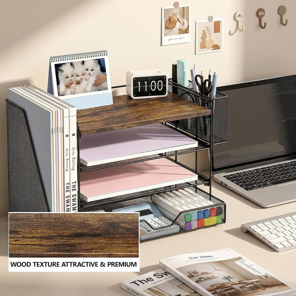 Styled desk scene showing the organizer next to a laptop, highlighting the wood-texture top in an inset close-up.